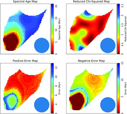 Results of the spectral fitting for ILT J120326.64+545201.5. Top left-hand shows the spectral age map and top right-hand shows the reduced χ2 for the spectral age map. Bottom left- and right-hand images show the positive and negative errors for the spectral age map.