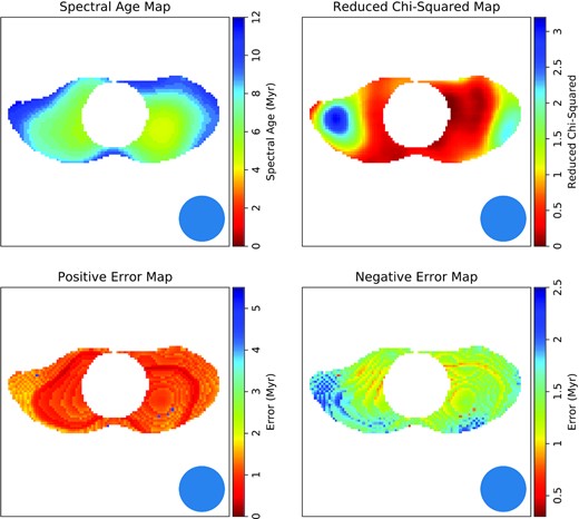 Results of the spectral fitting for ILT J120645.20+484451.1. Top left-hand shows the spectral age map and top right-hand shows the reduced χ2 for the spectral age map. Bottom left- and right-hand images show the positive and negative errors for the spectral age map.