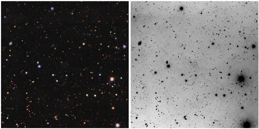 Left-hand panel: image of the dwarf galaxy Pisces VI/Tri III from the DESI LIS. Right-hand panel: TNG r-band image of the galaxy obtained from TNG follow-up observations (see Section 2). The total field of view of both images is 8.6 8.6 arcmin2. North is up, East is left.