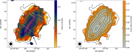 Left: Non-thermal spectral index map constructed from the thermal-corrected LOFAR and CHANG-ES maps. Locations of prominent H α filaments are displayed with white dotted lines, as in Fig. 2. The ordered magnetic field as determined by Krause et al. (2020) is shown with orange vectors. The channel of shallow spectral index associated with the filament in the SW quadrant, discussed in the text (Section 3.2), is indicated with an arrow. Right: Spectral index error estimated as described in the text. In both panels, the black contours show the distribution of 140 MHz radio continuum emission (starting at 1 mJy beam−1 and increasing by powers of two), the centre of the galaxy is marked with a red plus, and the beam size is shown with a black circle at the bottom left corner.