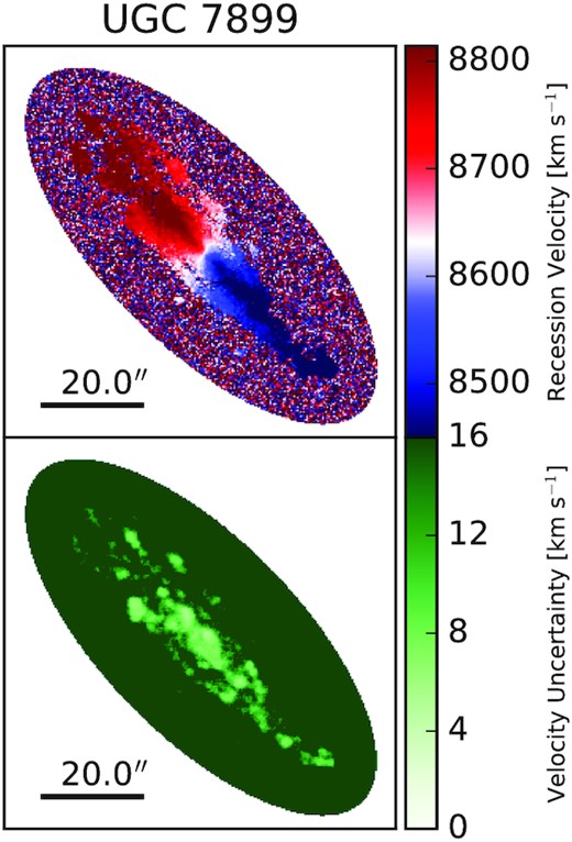 The velocity (top) and velocity-uncertainty (bottom) maps of UGC 7899 output from the ORCS velocity field script described in Section 2.3. The black bar in the lower-left corner shows the angular scale of each panel, and the ellipse containing non-zero data is the ROI for this galaxy. The maximum value of the colour bar corresponds to δVthres for UGC 7899.