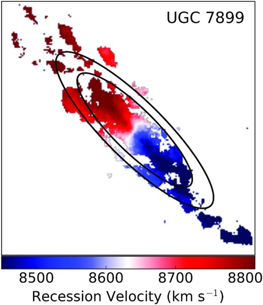 Annulus corresponding to r = 10 kpc (inner black ellipse) and r = 15 kpc (outer black ellipse) in the disc plane for the best-fitting kinematic model geometry in our preferred model of UGC 7899 (Table 2) superimposed on the final velocity map. There is a dearth of data North of the kinematic major axis in the map, which likely explains the discrepant $\bar{V}_{\mathrm r}$(r) relative to other radial flow models in Fig. 4 as well as the dip in the rotation curve for UGC 7899 in that region in Fig. 9. See text for details.