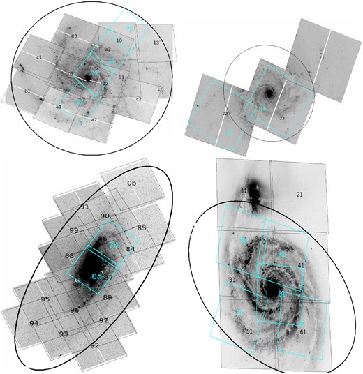 Sample of study. Galaxies are shown in F435W filter, with observation footprints superimposed. Cyan-coloured rectangles show the F336W filter footprints. The number in each footprint indicates the visit number within proposal. All galaxies are aligned such that north is up and east to the left. Black ellipse represent R25 for NGC 4258 and M51, and 0.5R25 for M101 and NGC 628. See fig. 1 in Santiago-Cortés et al. (2010) for visualization of footprints in M81.