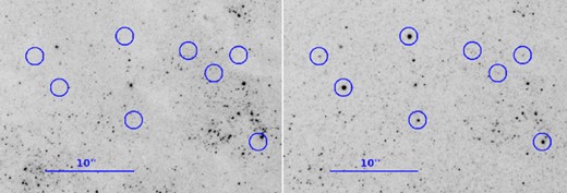 A randomly selected region of M101 before adding mock sources (left-hand panel) and after adding them (right-hand panel); sources have different magnitudes. All blue circular regions have 1 arcsec radius. North up, east left.