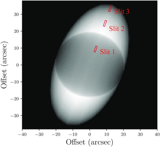 Density distribution of our pycloudy 3D model. The rectangular regions show the relative position and apertures of the pseudo-slit for the representative regions A2, A3, and A4 in NGC 6905. See results in Table 9.