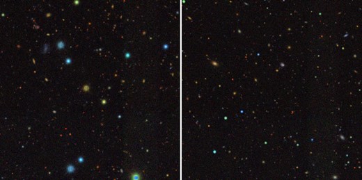 gri colour image of 1000 × 1000 pixel region of tile DES0003-3832 for the real Y3 data (left-hand panel) and the fiducial simulation (right-hand panel).