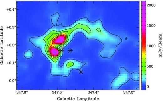 1420-MHz emission distribution. Contour levels are from 0.1 to 1.1 mJy beam−1 with a step of 0.2 mJy beam−1. The red and black asterisks indicate the location of DBS179 and the three WR stars, respectively.