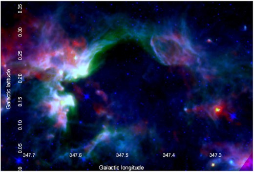 Three-colour composite image of G347.600 + 00.211: Herschel PACS 70 and SPIRE 250 $\mu$m emission are in green and red, respectively. GLIMPSE 8 $\mu$m emission is in blue.
