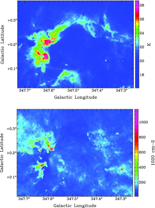 Top panel: Density-weighted mean dust temperature map, contour levels are 22, 24, 26, and 30 K. Bottom panel: H2 column density distribution, contour levels are 150, 200, and 300 in units of 1020 cm−2. Both maps were obtained from Marsh et al. (2017).