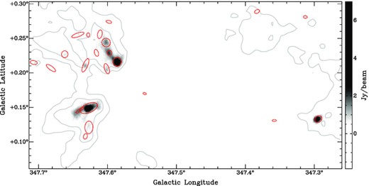 Emission map at 870 $\mu$m from the ATLASGAL survey, with contour levels of the CO emission at 2.3 and 4 mJy beam−1. The red ellipses indicate the positions and estimated sizes of the compact sources extracted by Contreras et al. (2013).