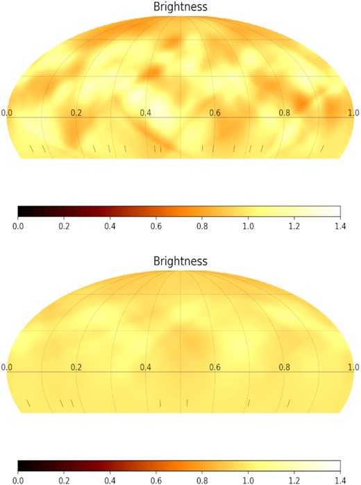 Brightness map for θ Dra at two epochs in 2017. Observations of the top Fig span from 2017 April 6–24. Bottom: Observations span from 2017 May 15 to June 18. The rotational phases of the two maps are aligned with the zero phase set to MJD = 2457861.4817 (April map) and MJD = 2457910.4710 (May–June map). The colour bar at bottom indicates the pixel brightness on a linear scale, where a value of 1.0 represents the quiet photosphere, values less than one are cool spots and values greater than one are bright spots.