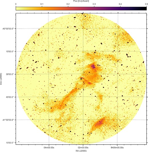 Radio continuum emission of the full MeerKAT field of view of Vela X-1, shown by the cross, and its surroundings, created by combining three observing runs. The combined exposure time is 90 min, yielding a 40 $\mu$Jy RMS sensitivity. The observations were performed at L-band (1.3 GHz), and reveal both the Vela X-1 bow shock as well as several other large-scale diffuse structures in radio for the first time. The beam size is shown in the bottom left of the image.