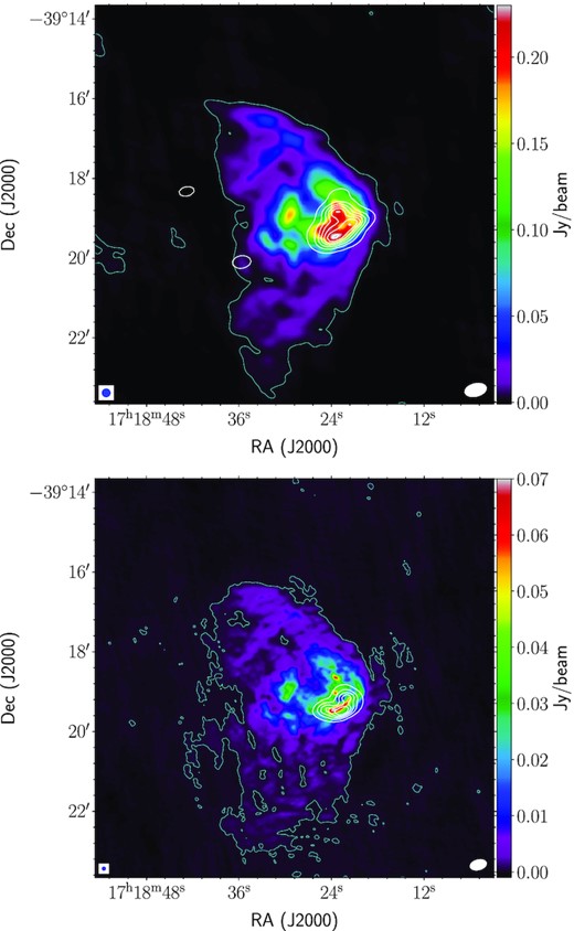 Top: 610-MHz GMRT map of the region associated with IRAS 17149 − 3916 overlaid with the 3σ ($\sigma = 0.6\, \rm mJy\, beam^{-1}$) level contour in light blue. White contours correspond to the 18-GHz emission mapped with ATCA (Sánchez-Monge et al. 2013), with contour levels starting from 3σ and increasing in steps of 8σ ($\sigma = 1.2\times 10^{-2}\, \rm Jy\, beam^{-1}$). Bottom: Same as the top panel but for 1280-MHz GMRT ($\sigma = 0.1\, \rm mJy\, beam^{-1}$) and 22.8-GHz ATCA map with the contour levels starting from 3σ and increasing in steps of 5σ ($\sigma = 1.2\times 10^{-2}\, \rm Jy\, beam^{-1}$). The GMRT maps presented here have been convolved to a resolution of 12 arcsec for 610 MHz and 5 arcsec for 1280 MHz. The beam sizes of the GMRT and ATCA maps are shown in the lower left- and right-hand corners, respectively.