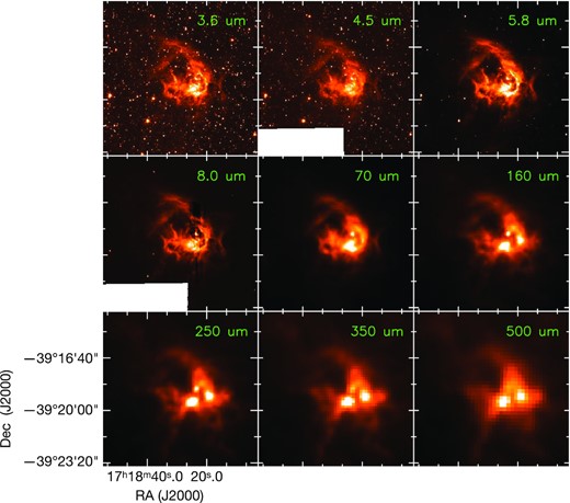 Dust emission associated with IRAS 17149 − 3916 from the Spitzer-GLIMPSE and the Herschel-Hi-GAL surveys.