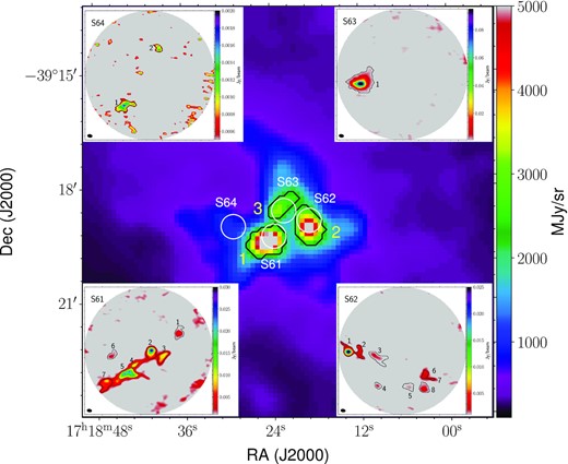 The central panel is the Herschel 350-$\rm \mu m$ map overlaid with the Dendrogram-retrieved clump apertures in black. White circles represent four pointings of the ALMA observations, S61, S62, S63, and S64. The 1.4-mm ALMA map towards each pointing is placed at the corners of the 350-$\rm \mu m$ image. The apertures of the dense cores extracted using the Dendrogram algorithm are overlaid and labelled on these maps. The beam sizes of the 1.4 mm maps are given towards the lower left-hand corner of each image.