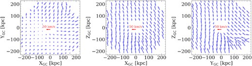 The simulated velocity vector maps for DM halo particles at different positions after the perturbation of a massive LMC (1.5 × 1011 M⊙) passing by. Only particles outside the disc region (r >20 kpc) are shown.