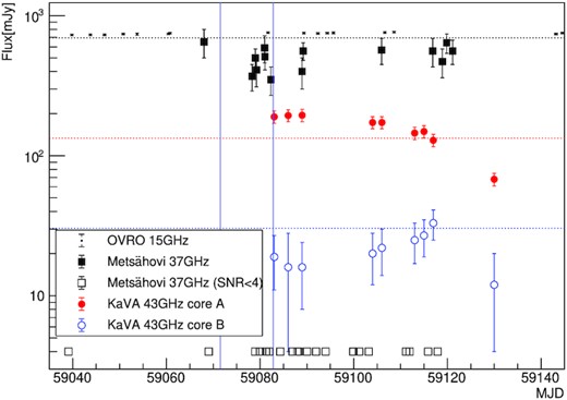Radio follow-up light curve of the 2020 August campaign of QSO B0218+357 with OVRO (black points) and KaVA (red filled and blue empty circles for core image A and B, respectively). Black squares show the significant 37 GHz Metsähovi flux densities (empty squares show the times of observations that resulted in signal-to-noise ratio below 4). The dotted lines show the average flux density from the monitoring period between 2017 January and 2018 December. The vertical blue lines show the times of arrival of the two HE Fermi-LAT photons during the 2020 August campaign.