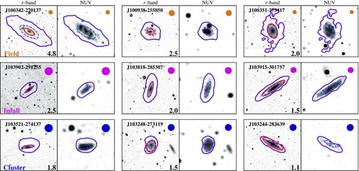 Example field, infall, and cluster galaxies (top, centre, and bottom rows, respectively). The three galaxies from each population are taken from across the sample stellar mass range and have similar stellar masses of M* ∼ 108.7, 109.5, and $10^{10.5}\, \rm {M}_{\odot }$ (left, centre, and right columns, respectively). The PanSTARRS r-band and GALEX NUV-band images for each galaxy are shown, with overlaid ellipses (solid red and dashed blue, respectively) showing the measured sizes in each band. The purple contour shows the inclination-corrected H i surface density of $1\, \rm {M}_{\odot }\, \rm {pc}^{-2}$. The filled circle in the top right corner of each panel shows the WALLABY synthesized beam, which is coloured according to its parent population: cluster (blue), infall (purple), field (orange). The number in the bottom right of the r-band panels is the measured dHI/dopt of each galaxy. For added clarity, the NUV images are smoothed using a 3 × 3 pixel kernel. The NUV disc diameters are measured using the original, unsmoothed data.