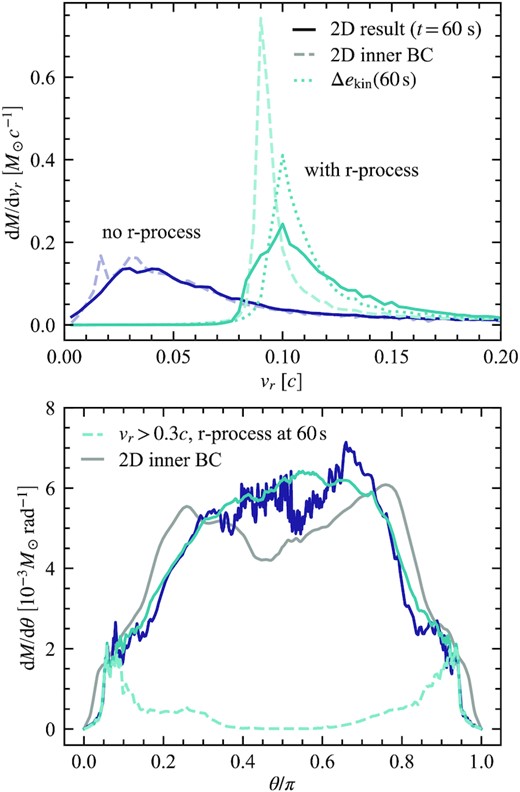 Distribution in vr (top panel) and meridional angle θ (bottom panel) of the material at the end of the 2D GRHD simulations ($t=60\, \mathrm{s}$; solid lines and darker colours). We compare the simulations with (teal) and without (purple) r-process heating. Top panel: The radial velocity distributions of material injected at the inner boundaries of the 2D simulations are shown in lighter colours and dashed lines. The injection distributions are measured at rb and integrated in time. The dotted line shows the mass distribution obtained by applying the formalism of Section 2.1 but evaluating Δekin at $60\, \mathrm{s}$. Distributions are integrated over all angles. Bottom panel: The angular distribution of the input is the same in both simulations and is shown in grey in the bottom panel. The distributions remain similar at 60 s, though the inclusion of r-process heating smooths small-scale structure in the distribution. The material near the pole is almost all high velocity (vr > 0.3c, dashed line in bottom panel), which is not affected by r-process heating.