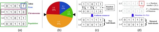 A schematic representation of a toy-model of GA. (a) shows a population with four individuals and indicates the terminology within a GA framework. (b) shows a Roulette wheel with two fixed-points diametrically opposite pointing to I-3 and I-4. (c) shows a typical uniform crossover event on I-3 and I-4, producing the new individuals I-3′ and I-4′. These are the offspring which then get mutated into I-3″ and I-4″ as shown in (d). All the numbers including binary strings and probabilities are only meant for visualization of this toy model.