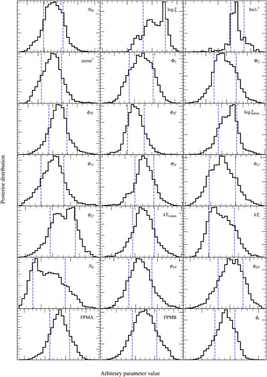 The posteriors of all the parameters not otherwise shown in this paper, with the ±1σ credible interval shown by the dashed purple vertical lines. For visual simplicity, the parameter values are not shown here, as the shape of the distribution is the key feature. The parameters marked with † relate solely to the distant reflector component of the model.