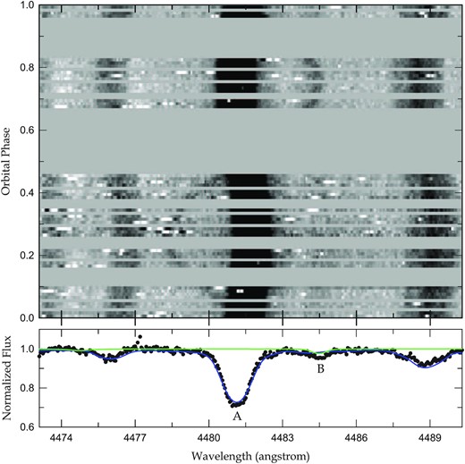 Upper panel displays the trailed spectra of WASP 1625−04 in the Mg ii λ4481 region. In the lower panel, the circles and blue and green lines represent the observed spectrum at an orbital phase of 0.74 (HJD 2,458,633.1240) and the synthetic spectra of the primary (WASP 1625−04 A; Teff, 1 = 8990 K, log g1 = 4.3, v1 sin i = 53 km s−1) and secondary (WASP 1625−04 B; Teff, 2 = 12 500 K, log g2 = 4.8, v2 sin i = 10 km s−1) components, respectively.