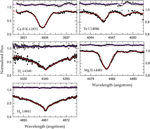 Five spectral regions of WASP 1625–04 AB. The filled and open circles are the disentangling spectra of the primary (A) and secondary (B) stars, respectively, obtained with the fdbinary code. The red and pink lines represent their synthetic spectra using the same values as in Fig. 2.