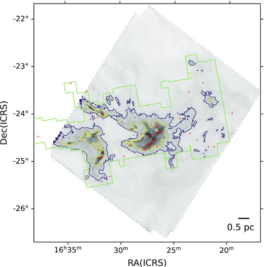 A column-density map of the Ophiuchus cloud derived from Herschel observations. The green contour is the Spitzer coverage area, and we illustrate the largest contour that fits within this footprint in purple; the yellow contour is set at a level that encloses half as much mass as the purple one. The red dots are the positions of protostars.
