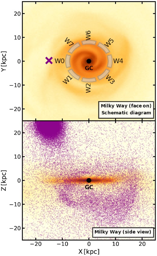Face-on (top) and edge-on (bottom) view of the Sgr6 simulation at t = 6 Gyr from Laporte et al. (2018b), showing the ongoing merger of a Sagittarius-like dwarf (purple cross and dots) with an MW-like host galaxy (yellow-orange). The top panel shows the location and extent of the eight wedges in the disc plane from which we extract our mock data.