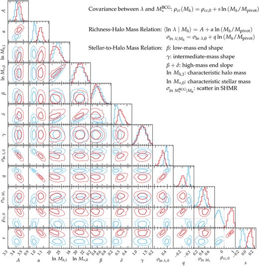 Parameter constraints of the conformity (red) and anticonformity (blue) models. Diagonal panels show the 1D posterior distributions of each of the 12 parameters, while the off-diagonal panels indicate the 2D confidence regions (50 per cent and 90 per cent from inside out) of the constraint on each of the parameter pairs. Grey dashed curves in the diagonal panels of β and γ are the Gaussian prior distributions. A short description of each parameter is given by the legend in the top right corner.