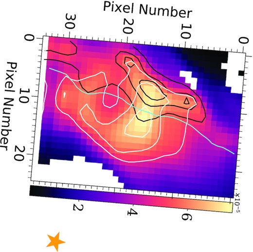 Spatial map of total PAH flux (the sum of the fluxes of PAH bands at 6.2, 7.7, 8.6, 11.0, and 11.2 µm). For reference, the 7.7, 11.2 µm PAH intensity, and PC2 = −0.24, are represented by white, black, and cyan contours, respectively. The yellow star outside the FOV indicates the position of the illuminating star.