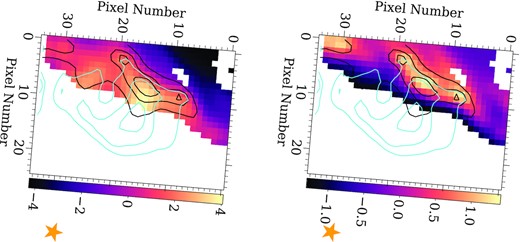 Spatial maps of PC1 (left) and PC2 (right) obtained from the independent PCA analysis of PAH emission in the PDR of NGC 7023. For reference, the contours of the 7.7 and 11.2 µm PAH intensity are overlaid in cyan and black, respectively. The yellow star outside the FOV indicates the position of the illuminating star.
