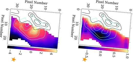 Spatial maps of PC1 (left) and PC2 (right) obtained from the independent PCA analysis of PAH emission in the cavity of NGC 7023. For reference, the contours of the 7.7 and 11.2 µm PAH intensity are overlaid in cyan and black, respectively. The yellow star outside the FOV indicates the position of the illuminating star.