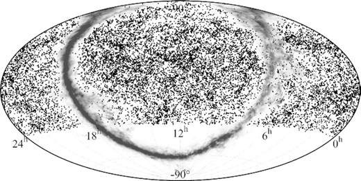 Distribution of edge-on galaxies from our catalogue over the sky in the equatorial coordinate system. The fuzzy grey belt represents an extinction map for our Galaxy.