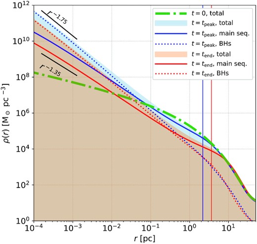 Density profile of the system initialized with a Kroupa IMF and with nuclear cluster Sersic index set to 2 (the density evolution in all the other runs is analogue to this). The green dash-dotted line shows the total initial density profile. The blue and red curves respectively refer to the profiles at the moment the density cusp is fully developed, and at the end of the run (14 Gyr). The solid line refers to the density profile of main sequence stars, the dotted line refers to the profile of compact stellar remnants with mass above 2$\, \mathrm{M}{\odot {}}$ (thus mainly BHs), and the upper edge of the shaded areas show the total density profile. The vertical, thin solid lines mark the radii at which the TDE flux is maximum. The black segments show as a reference the power laws ρ∝r−1.75 (top) and ρ∝r−1.35 (bottom). The density profile for main sequence stars and BHs respectively follow those power law trends in the inner region to a good approximation.