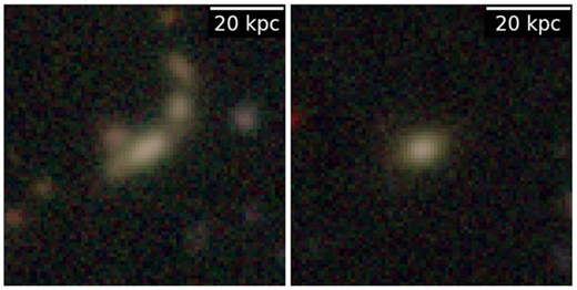HSC colour images of a dwarf galaxy with (left) and without (right) tidal features that are indicative of an interaction with other galaxies.
