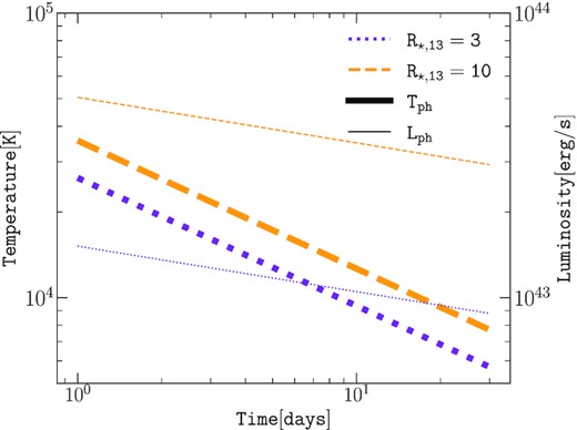 Time evolution of the photospheric temperature (thick lines) and luminosity (thin lines) in the case of R⋆ = 3 × 1013 cm (violet dotted) and R⋆ = 1014 cm (orange dashed).ESN = 1051 erg, Mej = 4 M⊙.