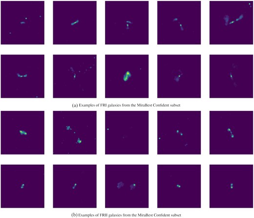 Examples of (a) FR I and (b) FR II galaxies from the MiraBest Confident subset.