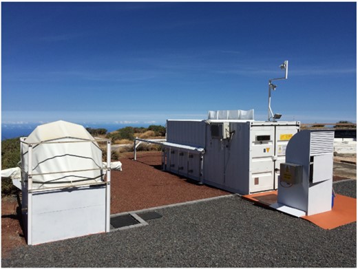 WLGSU configuration at Observatorio del Roque de los Muchachos next to the William Herschel Telescope, with the receiver (Rx) dome (left) and the sliding-roof container accommodating the laser beam transmitter (Tx).