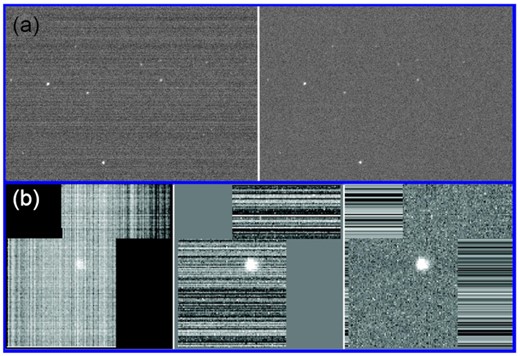Images before and after the sigma clipping process for the (a) QHY and (b) CIS107 images.