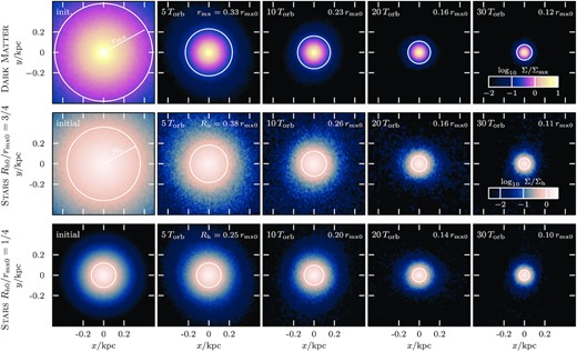 Tidal evolution of an NFW subhalo (top row, model h-i, with $M_\mathrm{mx0}= 10^6\, \mathrm{M_\odot }$, $r_\mathrm{mx0}= 0.48\, \mathrm{kpc}$, and $V_\mathrm{mx0}= 3\, \mathrm{km\, s^{-1}}$) and two embedded exponential stellar components of different initial size (middle and bottom row for Rh0/rmx0 = 3/4, model s-i, and Rh0/rmx0 = 1/4, model s-ii, respectively) on a 1:5 eccentric orbit in an isothermal potential. Each panel corresponds to a simulation snapshot taken at apocentre and shows the projected surface density. The surface density is normalized by the instantaneous mean density enclosed within rmx (or Rh). As tides strip the subhalo, its characteristic size rmx decreases, and the relative change in size decreases with subsequent pericentre passages: the tidal evolution slows down and a stable remnant state is asymptotically approached. Similarly, the half-light radii of embedded stellar components decrease during tidal stripping. Crucially, for the later stages of the tidal evolution, the size of the half-light radius Rh appears to follow closely the characteristic size rmx of the dark matter subhalo they are embedded in, independent of their initial extent.