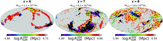 Angular distributions of the distance to the τ = 1 scattering surface $R_\rm{IGM}^{200}$ at a velocity offset of $200\, \rm{km\,s}^{-1}$ for haloes corresponding to the middle row of Fig. 18. These images highlight that the obstruction morphology can be shaped by nearby gas but pushed over the threshold at cosmological scales (${\gtrsim}1\, \rm{Mpc}$). The leftmost galaxy at z = 6 is also shown in Fig. 2, providing a visual connection between the angular and spatial representations.