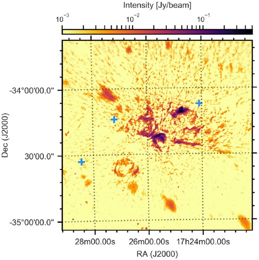 Logarithmically scaled RACS image of the star-forming region NGC 6357. The position of three known IR bow shocks, G1, G3, and G8, are indicated by the crosses. Zooms of these positions are shown in Fig. 2. The complex field also reveals how the RMS sensitivity can vary significantly with position, explaining why we determine local upper limits for radio non-detected bow shocks.