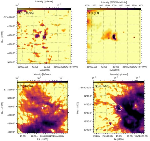 The top row shows the radio (RACS; left-hand panel) and IR (WISE; right-hand panel) images of S1 in RCW-49. Both images share the same physical scale and contour, which is drawn to guide the eye based on the IR image. The bottom row shows the radio images of S2 and S3. No unsaturated IR images from WISE are available for these bow shocks. The contour for S3 is tentatively drawn based on the radio image. We stress that the bow shock shape of S3 is not known from other wavelengths, and therefore this tentative contour is very speculative. Again, all contours are drawn only to guide the eye. Similarly, no bow shock shape is known for S2 from other wavelengths.