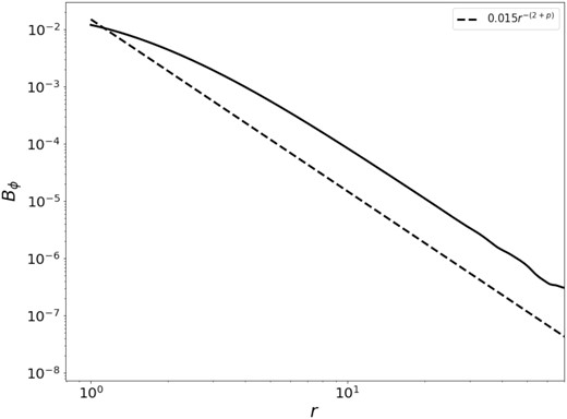 Time slice of toroidal magnetic field Bϕ near the equator for C2 = 0.10, C1 = 0.005, p = 0.9989. The solid line is our simulation results, dashed line is the theoretical expectation r−(2 + p).