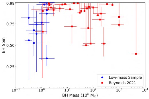 Evolution of black hole spin as a function of mass. The circles and squares represent spin measurements for 13 Seyfert 1 galaxies from this work and 32 AGNs from Reynolds (2021), respectively. The error bars on the spin parameter correspond to the 90 per cent confidence intervals for both samples.
