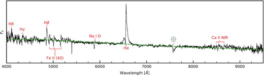 Classification spectrum of AT 2016jbu obtained with the Du Pont 2.5-m telescope and WFCCD (and reported in Bose et al. 2017) taken on 2016 December 31 (−31.4 d), corrected for reddening. This spectrum coincides with the approximate peak of Event A. The green dashed line is the blackbody fit with $T_{BB}\, \sim$ 6750 K. H α and H β dominate the spectra and are both well fitted with a P Cygni profile with an additional emission component. We can also distinguish the Na i D lines superimposed on He i λ 5875 absorption. Fe ii λλ 4924,5018,5169 are present, all with a P Cygni profiles, giving a velocity at maximum absorption of ∼−700 km s−1. A noise spike at 5397 Å has been removed manually.