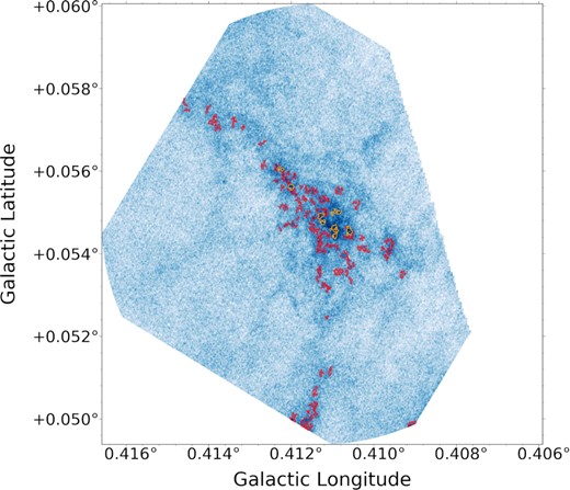 Locations of dendrogram leaves extracted with the ASTRODENDRO code. The dendrogram was computed using a threshold of 3σ (σ = 16 $\mu$Jy), an increment of σ and an Npix value of 77. Red contours show the individual compact continuum sources (‘leaves’) isolated by the dendrogram, of which 96 are found. Yellow contours show the nine continuum sources detected above 5σ. Note that some of the leaves extend beyond the boundary of the observed region, and so these are later excluded from analysis.