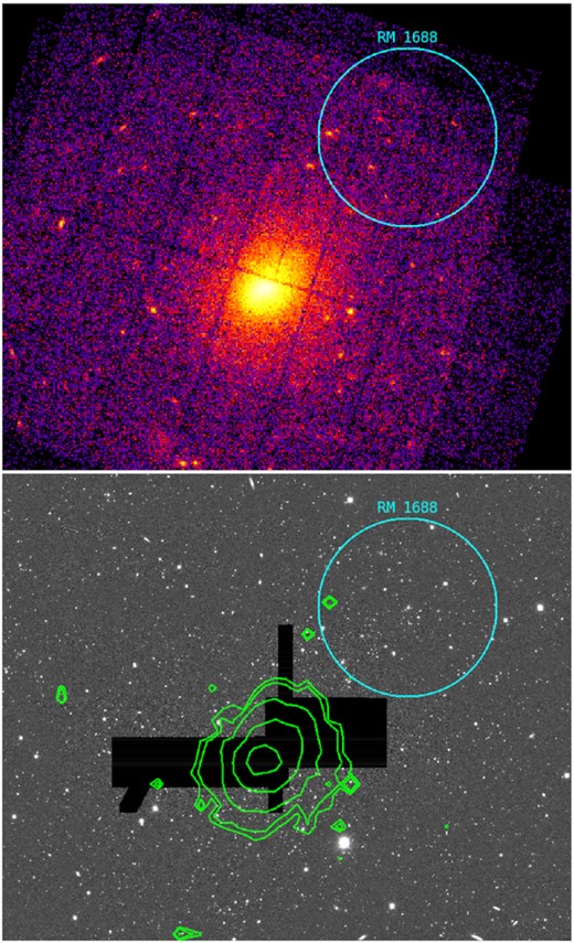 Example of a velocity dispersion outlier, MEM_MATCH_ID = 1688, that is X-ray bright, but miscentred by redMaPPer due to masking in the DES data. The high velocity dispersion comes from sampling galaxies in the outskirts of a massive cluster. Top: XMM–Newton image of Abell 209 at z = 0.206. RedMaPPer finds a low richness, λ = 27, cluster with a similar redshift, z = 0.21, offset from the X-ray cluster. The cyan circle marks the redMaPPer position and radius, Rλ = 5 arcmin. Bottom: DES Y3A2 r-band image with X-ray contours overlaid in green and redMaPPer cluster region in cyan. The position of Abell 209 is masked due to missing data.