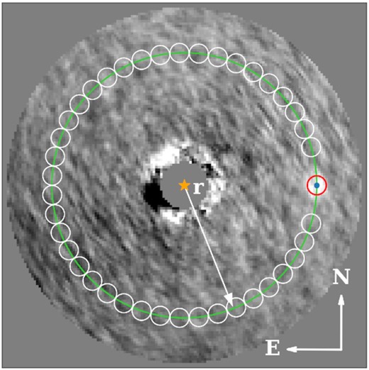 Illustration of our method for determining signal to noise ratio (S/N) based on Mawet et al. (2014). The image is a post-BDI reduction of HD 82984 A with a fake signal injected right at the 5σ S/N limit at separation r = 7λ/D and position angle 270° East of North. HD 82984 A is behind the mask and marked with an orange star. The sum of the pixels within the red aperture, with diameter = 1λ/D, is $\bar{x}_1$ in equation (1); the mean and standard deviation of the sum of the pixels in the white apertures are $\bar{x}_2$ and s2 respectively; n2 is the number of white apertures. This computation was repeated for all N = 2πr apertures along the ring of radius r, and for rings of radius r = nλ/D, where n is an integer.